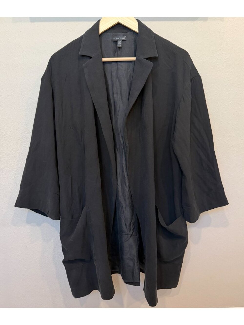 Eileen Fisher 100% Silk Long Open Elbow Sleeve Black Jacket Medium Quiet Luxury